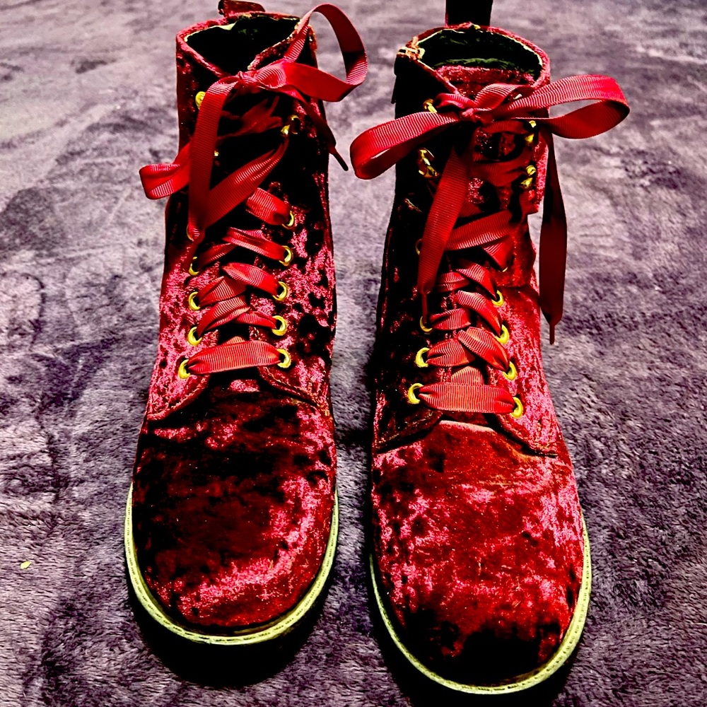 Burgundy velvet combat boots size 10